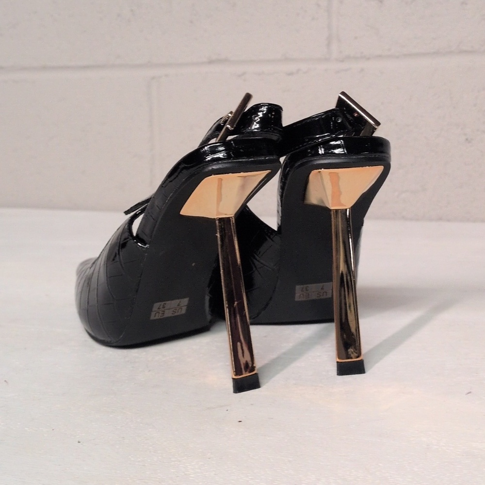 90s Minimalism Black Crocodile Slingback Heel Stiletto Size 7, CBK Style - Picture 4 of 8